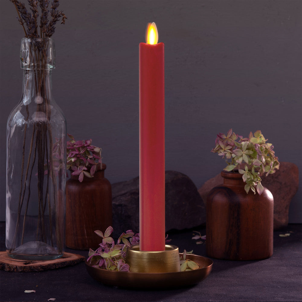 Burgundy Flameless Candle Tapers - Melted Top - 9.75" Height - Set of 2